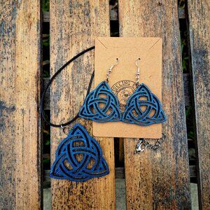 Triquetra Wood Carved Celtic Knot-Celtic Triple Goddess-Wiccan set jewelry